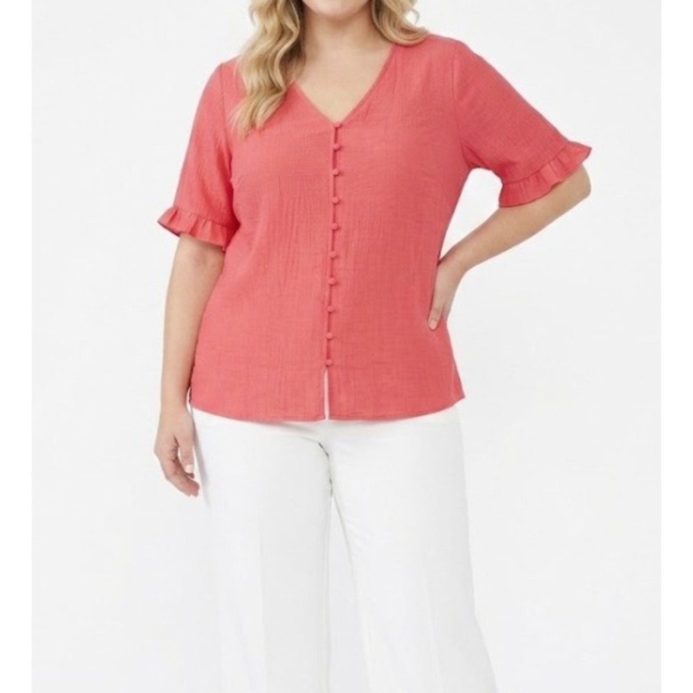 Nanette Lepore Blouse XL Coral Ruffle Sleeve Button Front V-Neck Feminine